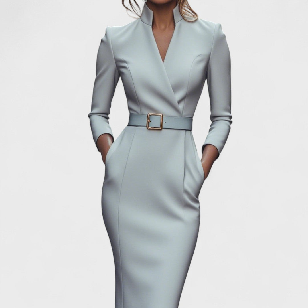 NoirLuxe™ | Mandarin Grace Belted Dress