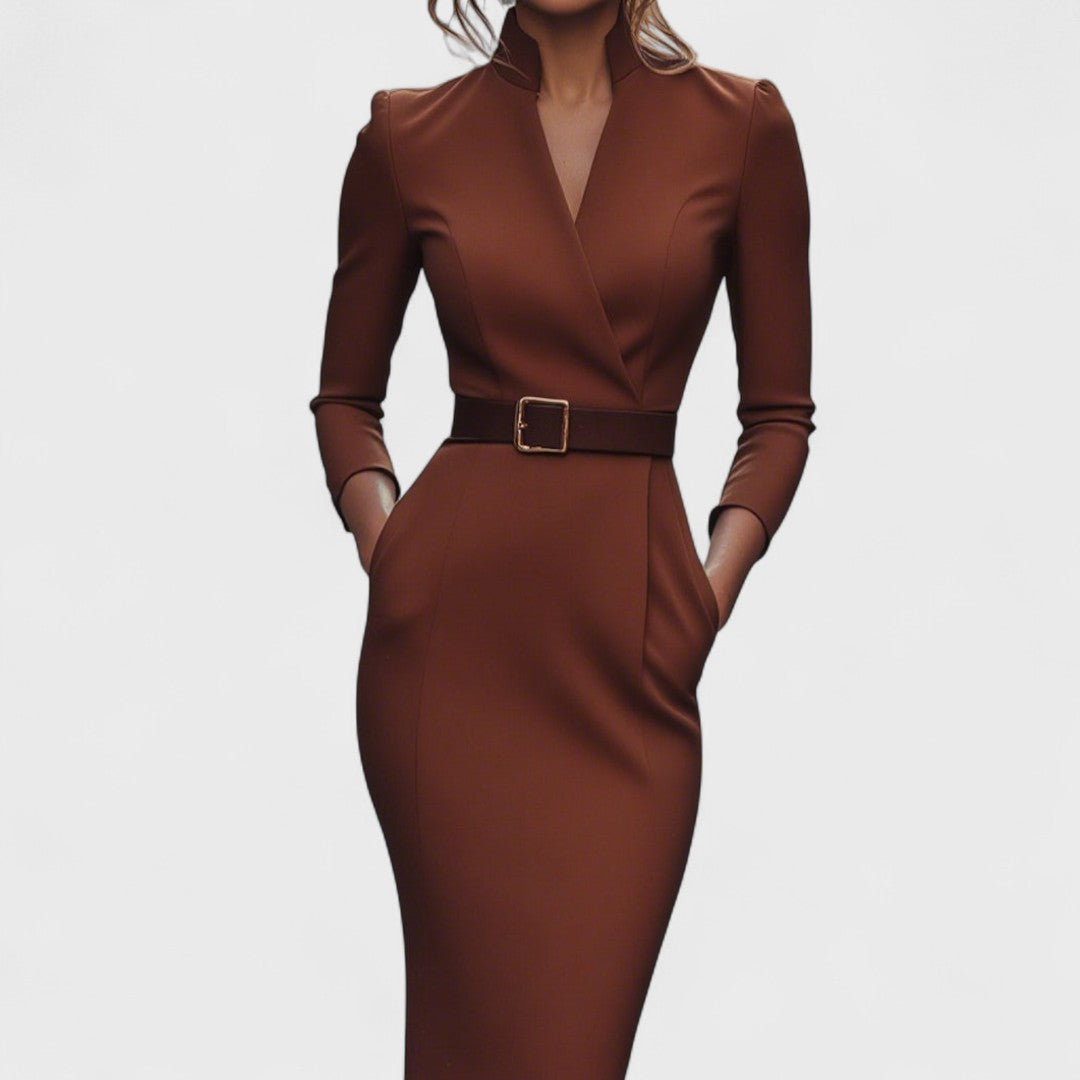 NoirLuxe™ | Mandarin Grace Belted Dress
