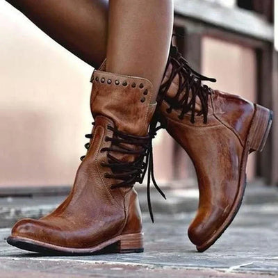 Teagan - Retro Mid-Calf Cross-Tied Boots
