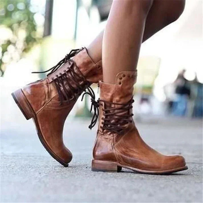 Teagan - Retro Mid-Calf Cross-Tied Boots