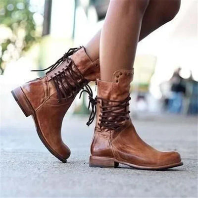 Teagan - Retro Mid-Calf Cross-Tied Boots