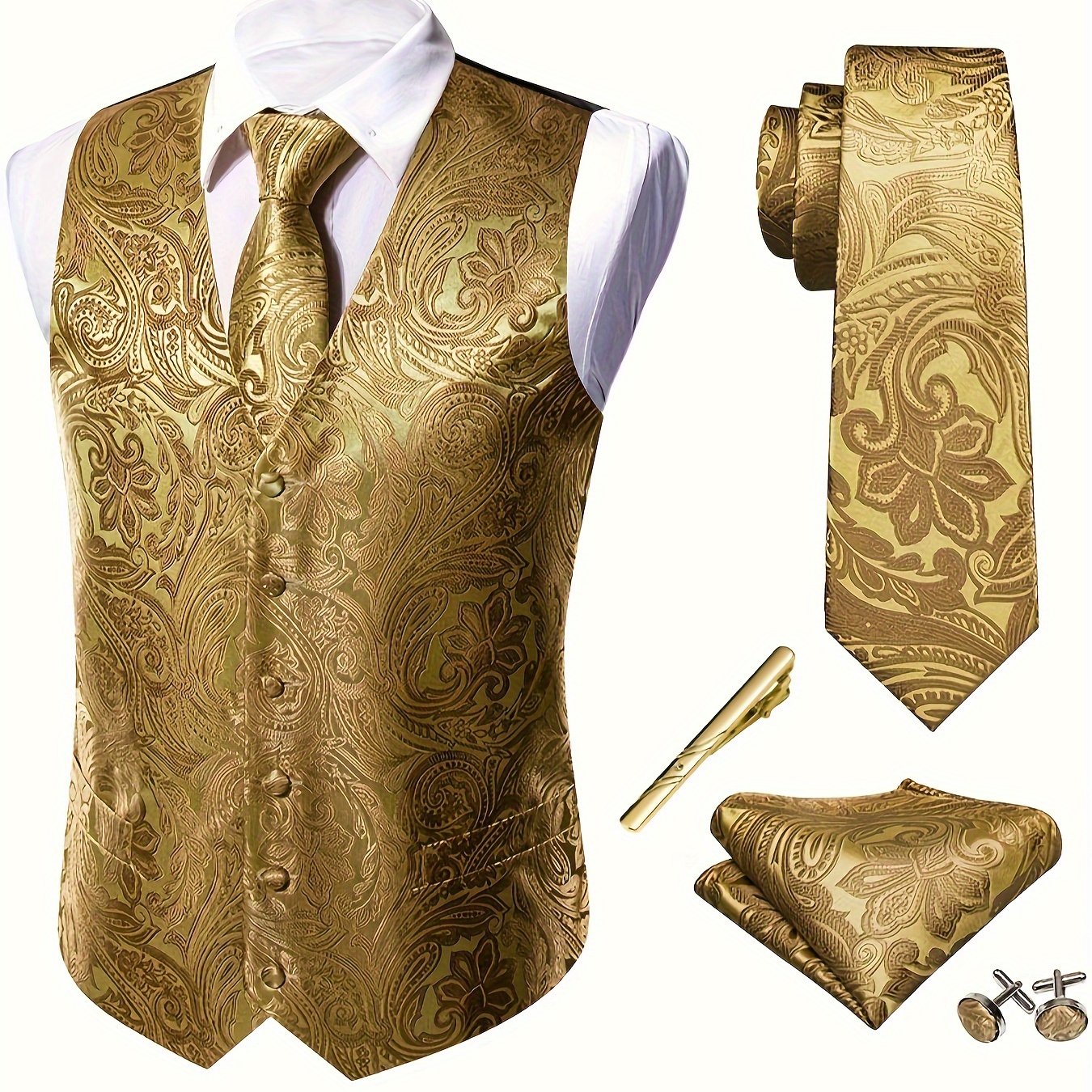 RegalGold™ Plus-Size Jacquard Vest & Tie 5-Piece Set