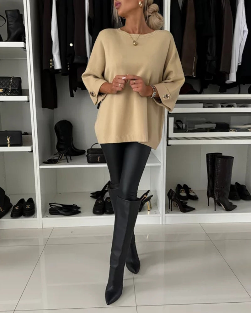 Elora™ Solid Color Buttoned Round-Neck Pullover