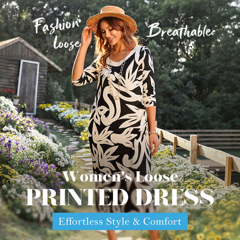 PrintEase™ Elegant Loose Round-Neck Dress