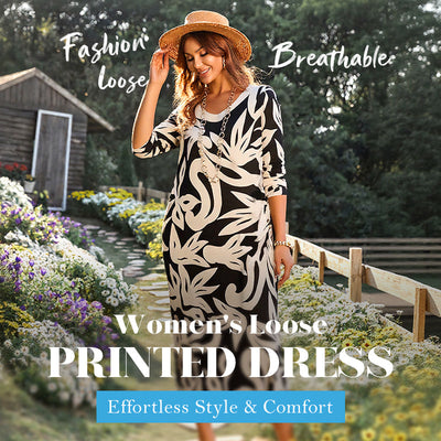 PrintEase™ Elegant Loose Round-Neck Dress