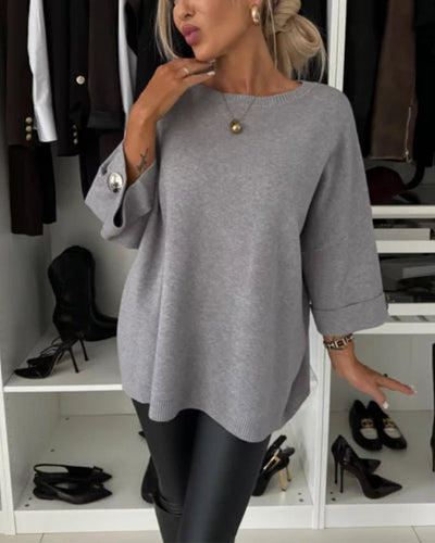 Elora™ Solid Color Buttoned Round-Neck Pullover