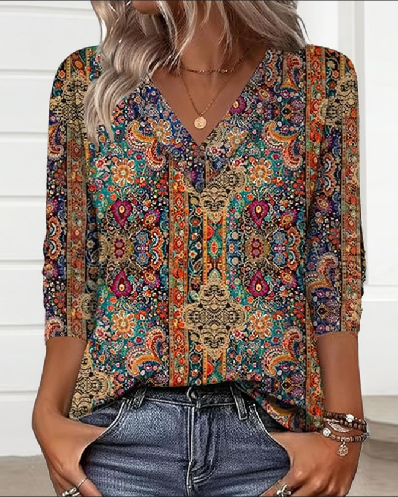 Vintessa™ | Retro Printed V-Neck Blouse