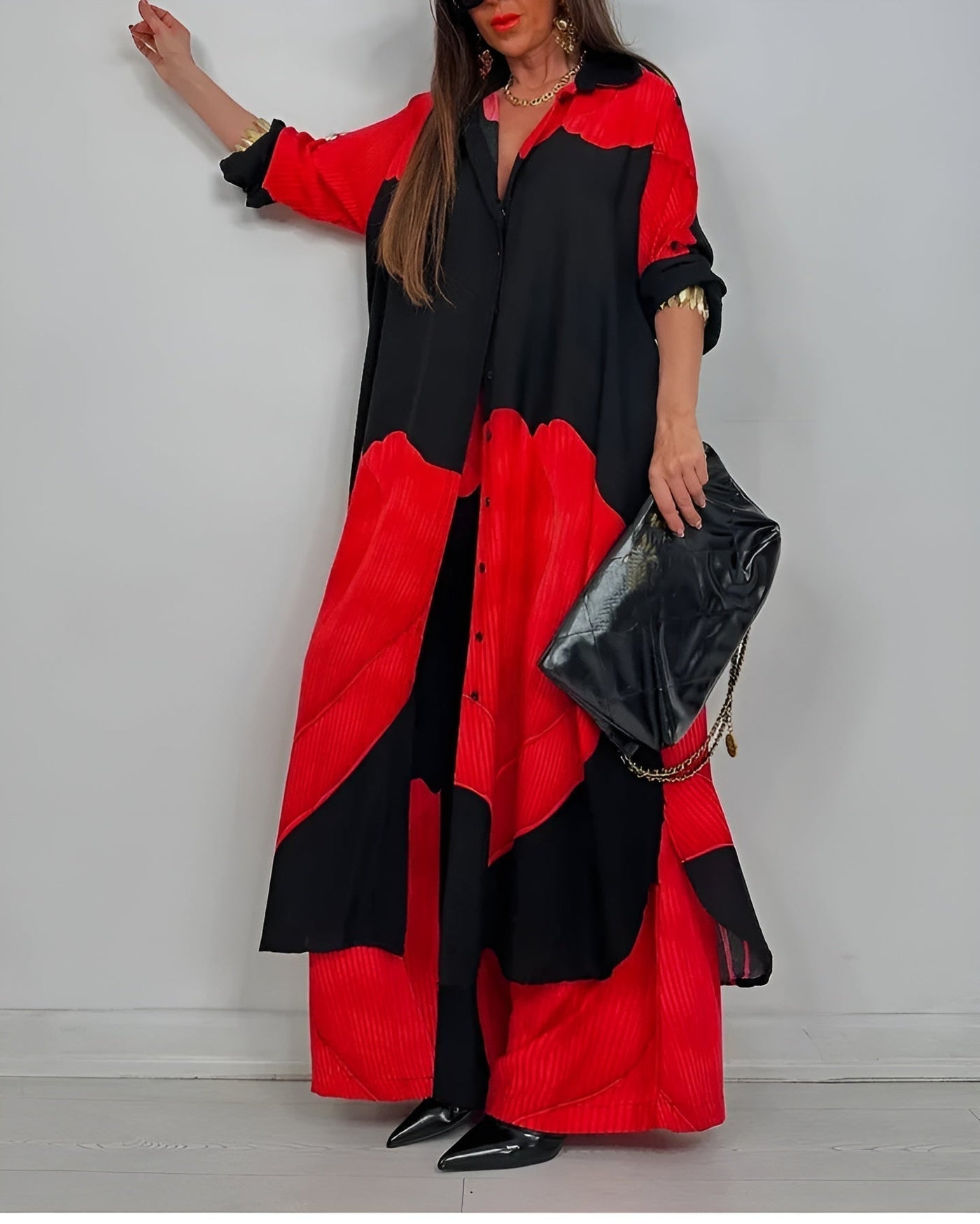 Skye - Trendy Patchwork Printed Top & Wide Leg Pants Set