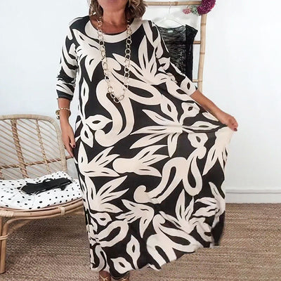 PrintEase™ Elegant Loose Round-Neck Dress