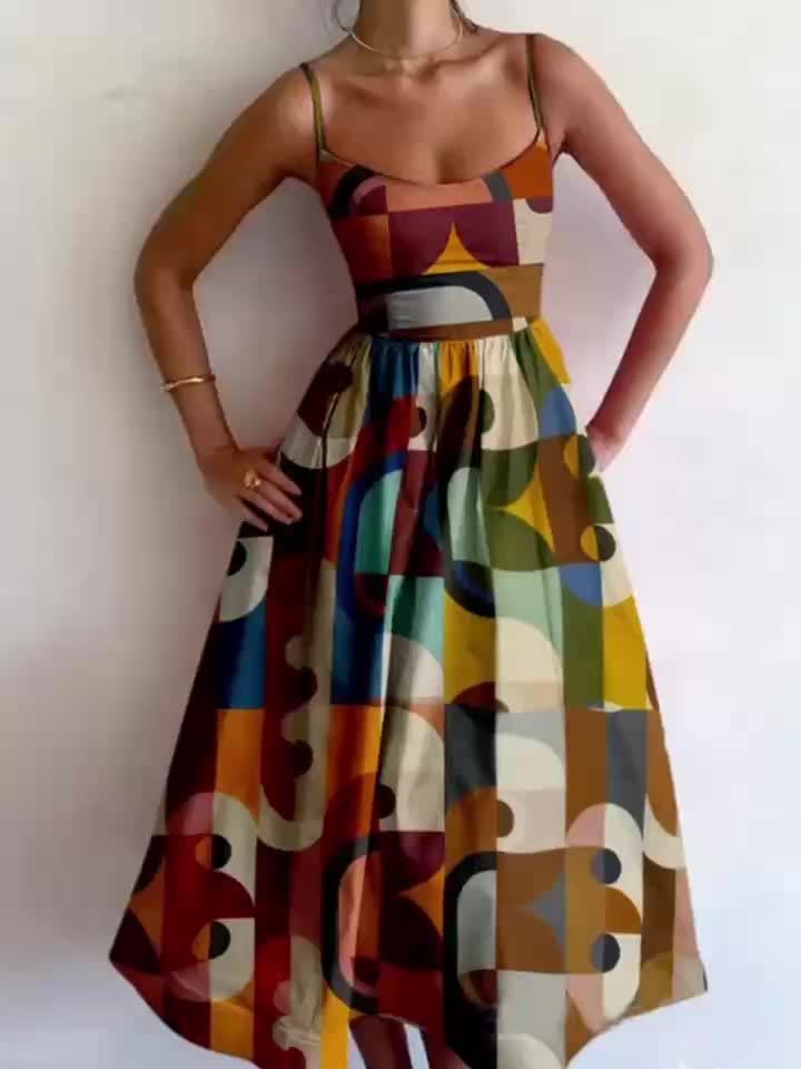 BohoCharm™ Retro Geometric Spaghetti Strap Dress