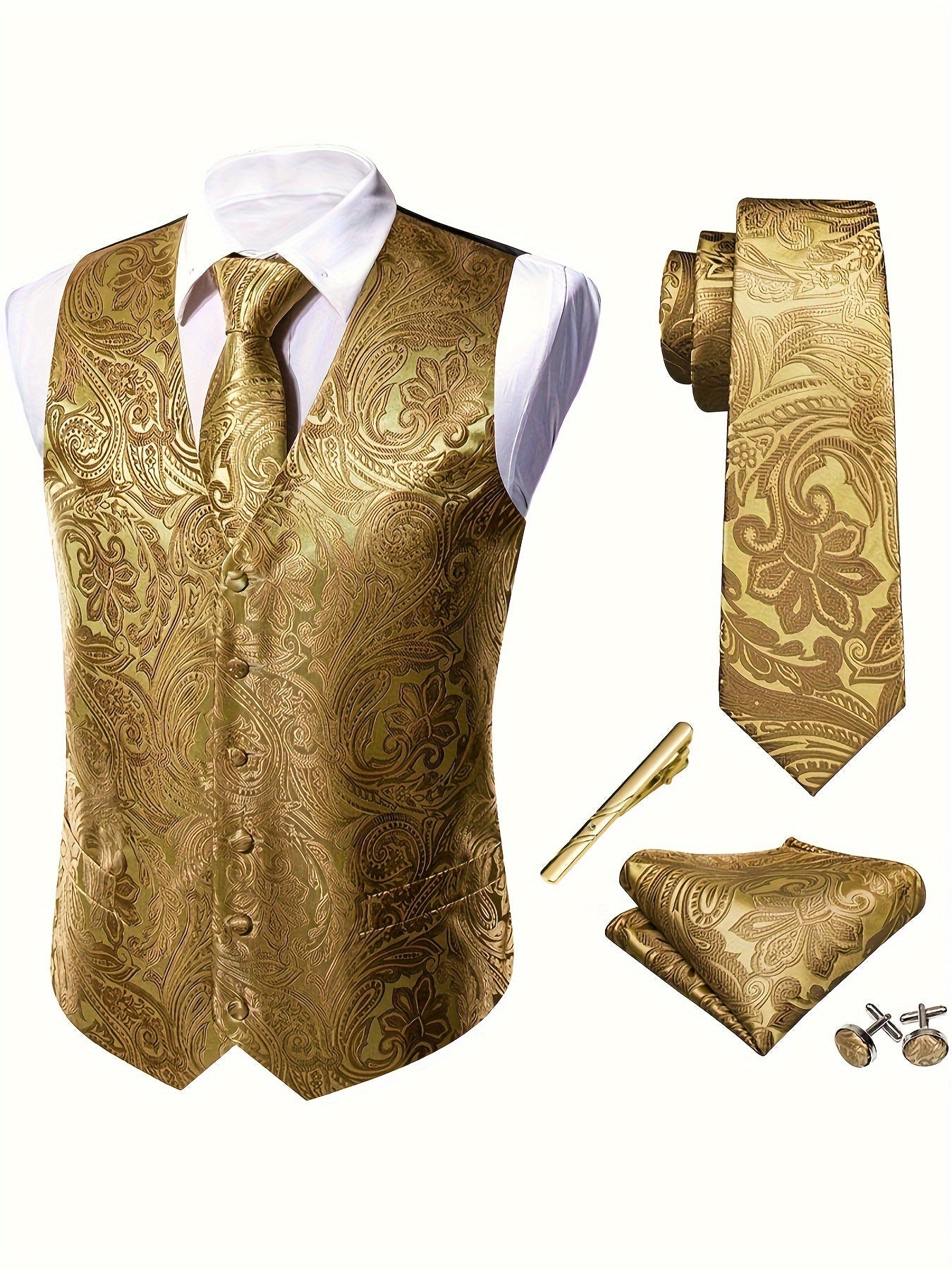 RegalGold™ Plus-Size Jacquard Vest & Tie 5-Piece Set