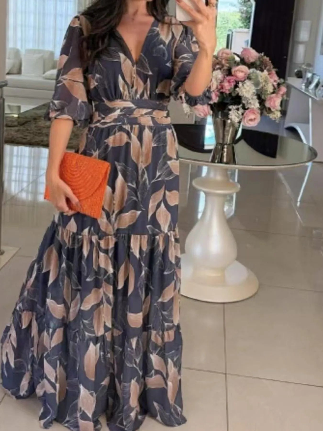 Aureva™ | Full-Size Printed V-Neck Maxi Dress with Tiered Hemline