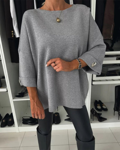 Elora™ Solid Color Buttoned Round-Neck Pullover