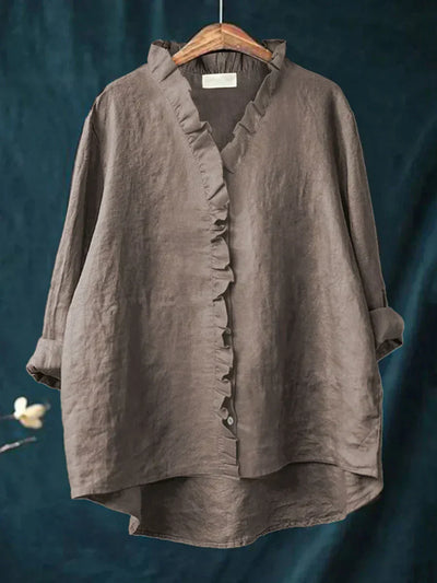 Ella - Casual Cotton And Linen Ruffle Shirt