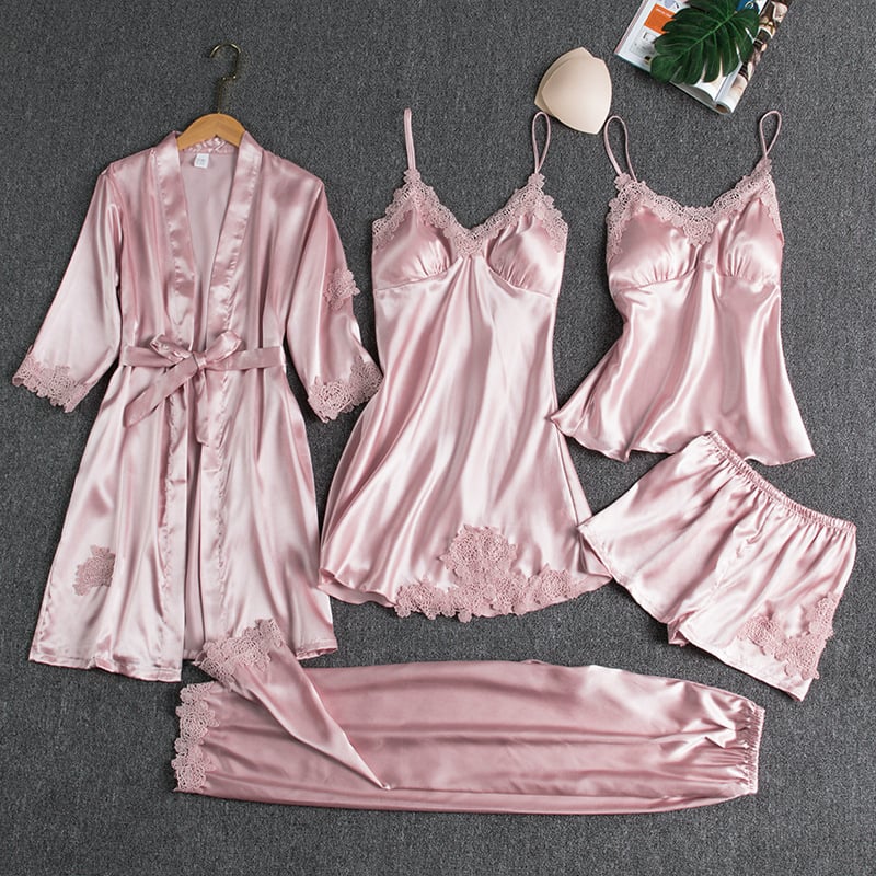 Aurora Luxe 5-Piece Ice Silk Nightwear Set