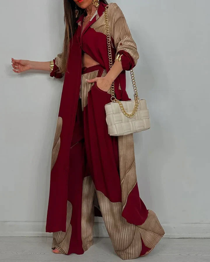 Skye - Trendy Patchwork Printed Top & Wide Leg Pants Set