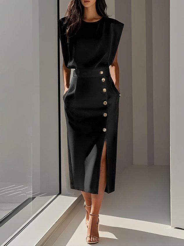 Malene™ | Classic Button-Slit Midi Dress
