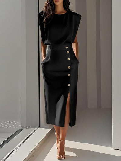 Malene™ | Classic Button-Slit Midi Dress