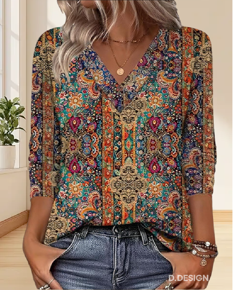 Vintessa™ | Retro Printed V-Neck Blouse