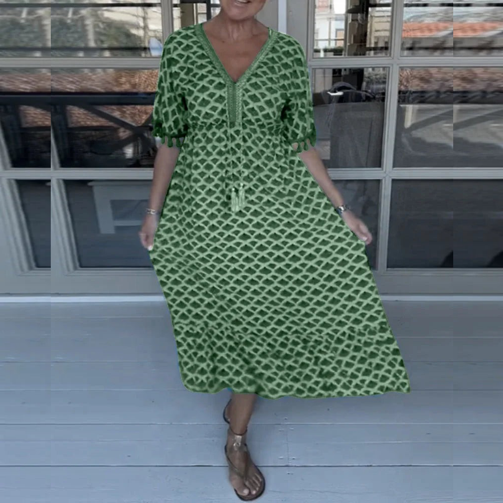TasselGleam™ V-Neck Print Midi Dress