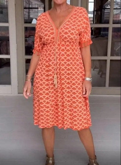 TasselGleam™ V-Neck Print Midi Dress