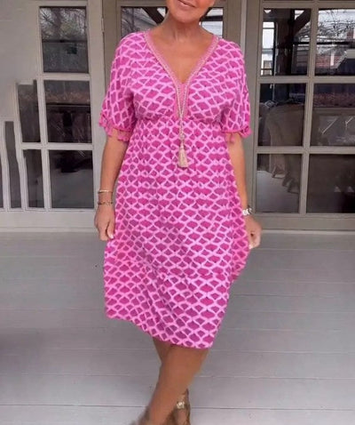 TasselGleam™ V-Neck Print Midi Dress