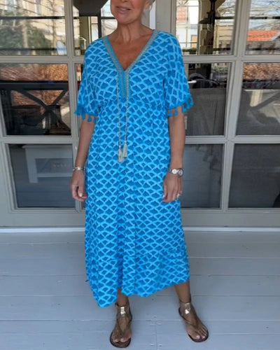 TasselGleam™ V-Neck Print Midi Dress