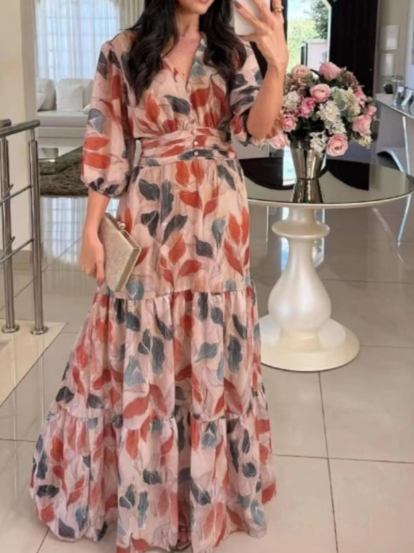 Aureva™ | Full-Size Printed V-Neck Maxi Dress with Tiered Hemline