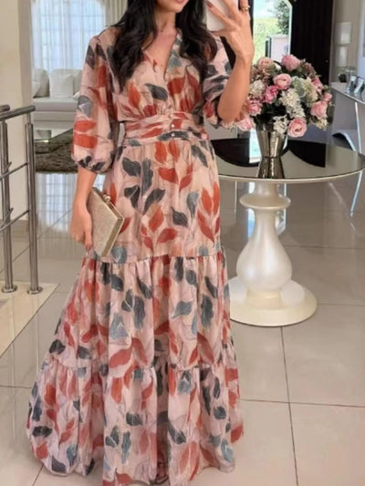 Aureva™ | Full-Size Printed V-Neck Maxi Dress with Tiered Hemline