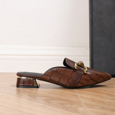 BuckleGrace™ Brown Pointed-Toe Mule Loafers