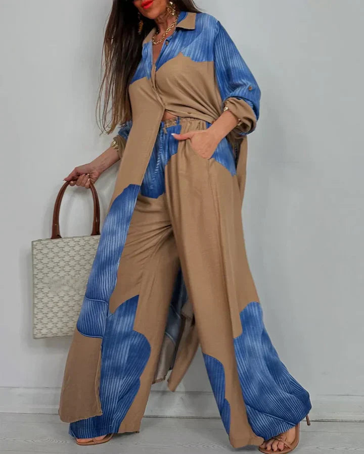 Skye - Trendy Patchwork Printed Top & Wide Leg Pants Set