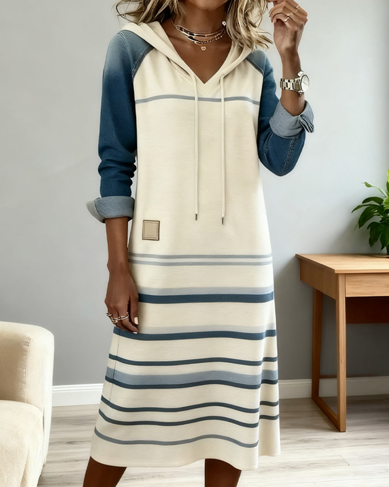 LineaHue™ | Striped Color-Mix Hooded Dress