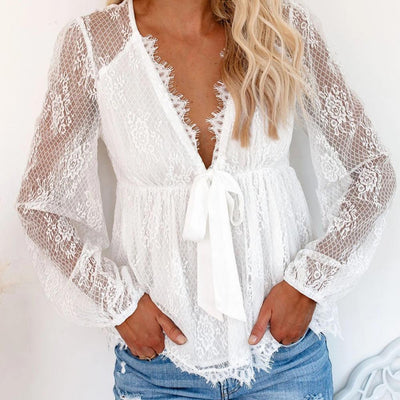 Jasmine | Elegant Lace Blouse with Daring V-Neck
