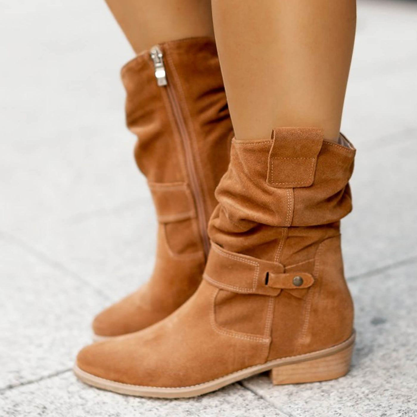 Thora - Faux Suede Flock Mid-Calf Knight Boots