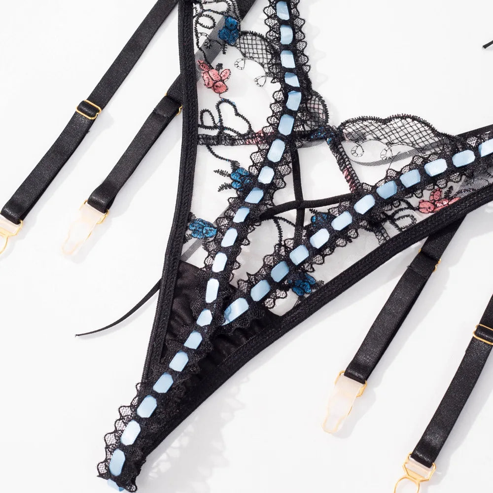 Ursula - Floral Lace Embroidery 3-Piece Lingerie Set