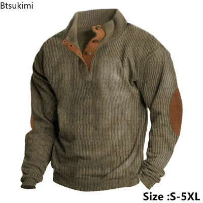 RetroWave Patchwork Pullover – Men’s Vintage Button-Collar Sweatshirt