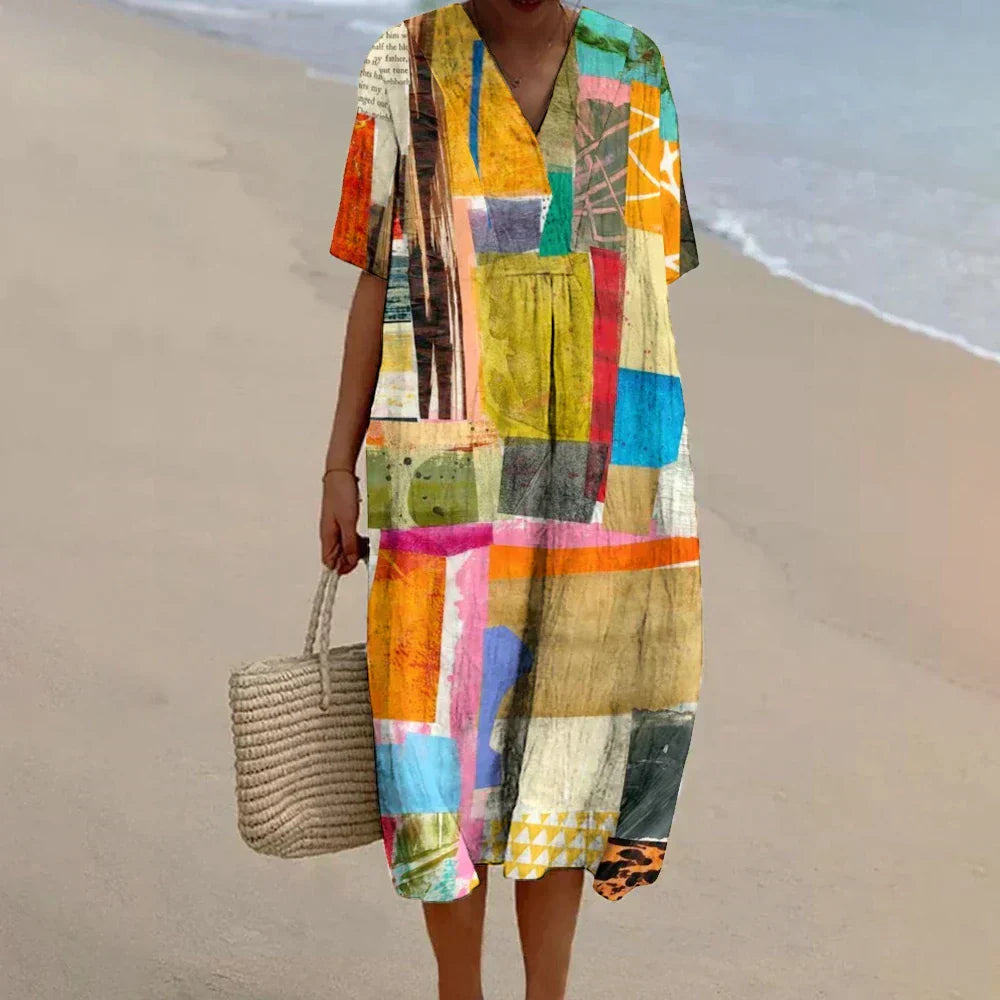 Nia - Geometric Pattern Art-Inspired Vintage Dress