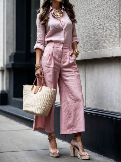 Morgan | Pink Capri Pants and Loose Shirt Linen Set