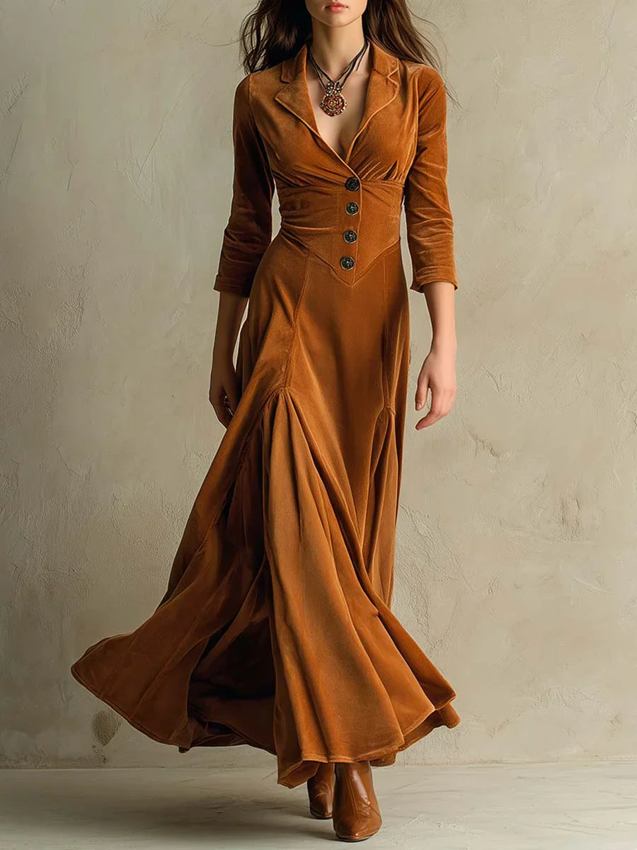 Fiona™ | Elegant Retro Velvet Maxi Dress with Lapel Collar