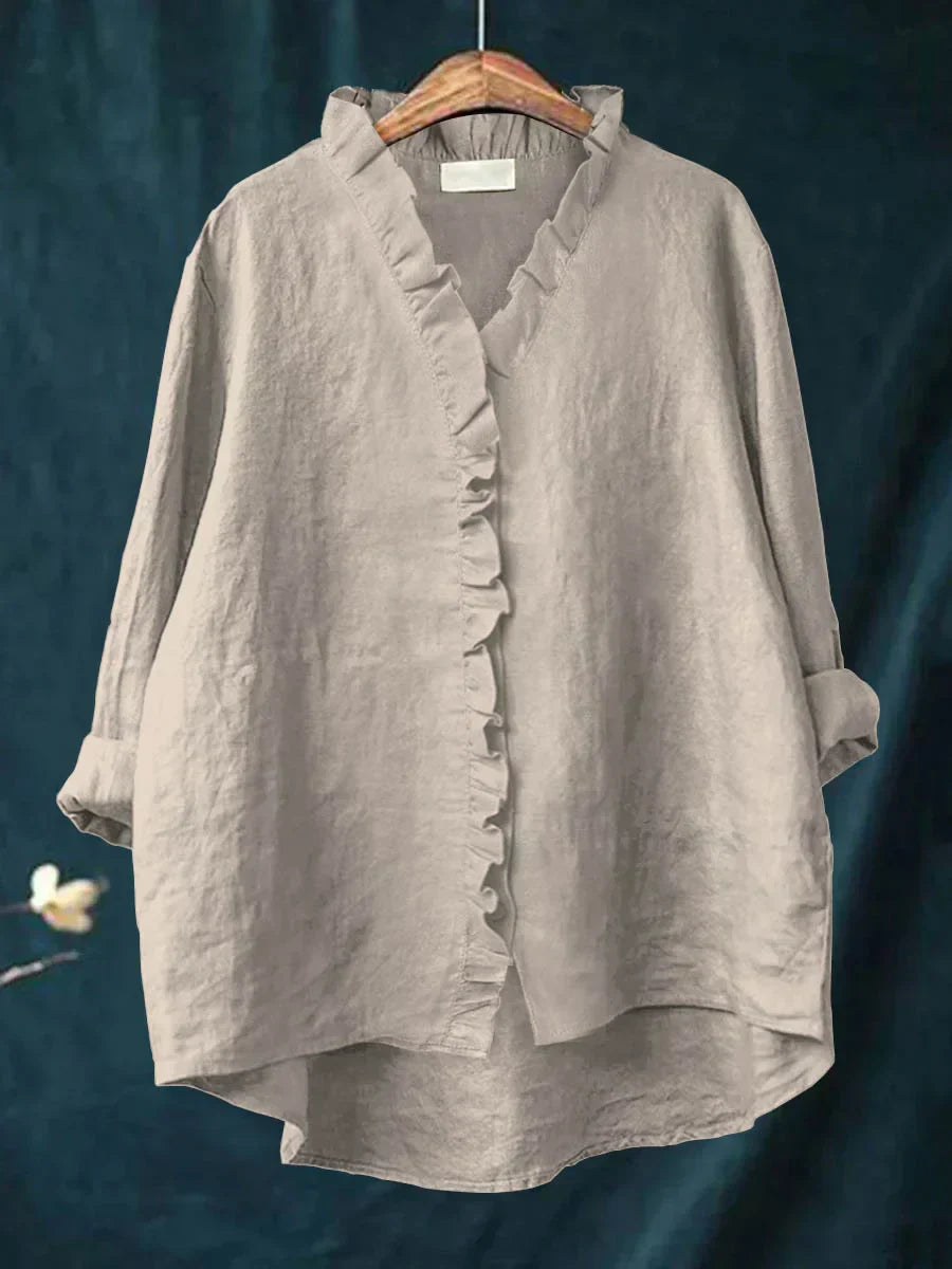Ella - Casual Cotton And Linen Ruffle Shirt