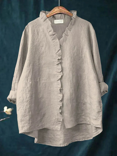 Ella - Casual Cotton And Linen Ruffle Shirt