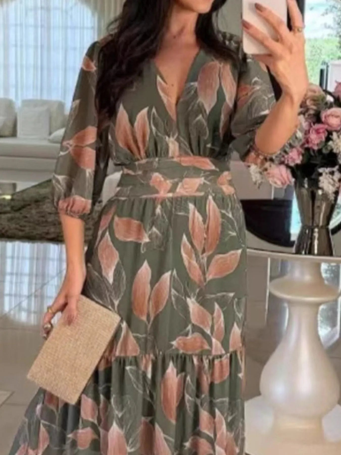 Aureva™ | Full-Size Printed V-Neck Maxi Dress with Tiered Hemline