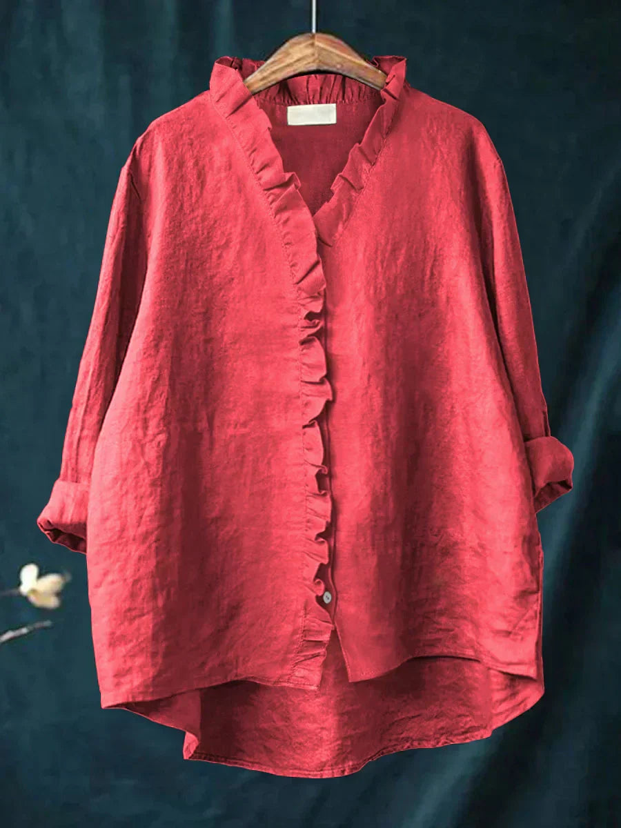 Ella - Casual Cotton And Linen Ruffle Shirt