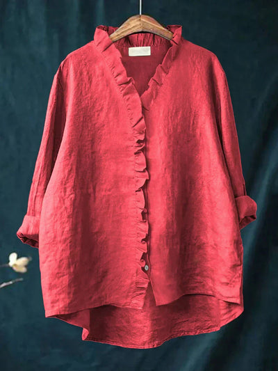 Ella - Casual Cotton And Linen Ruffle Shirt