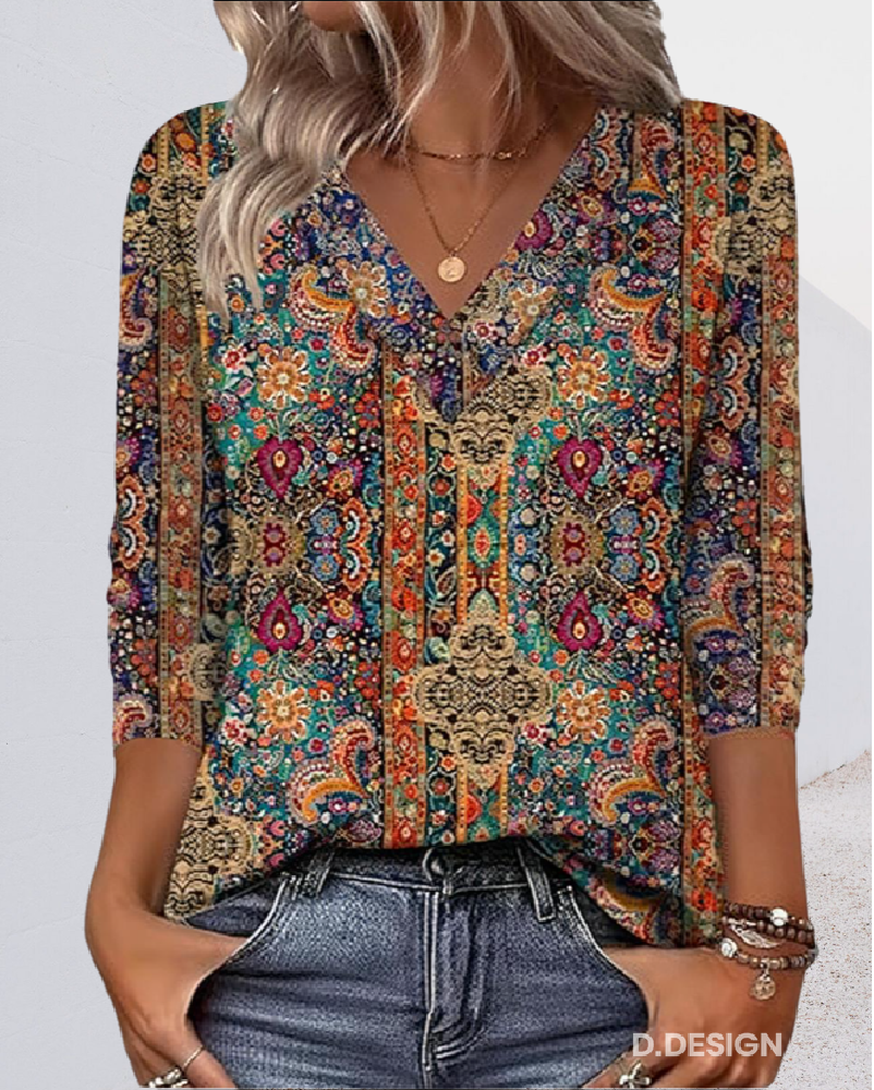 Vintessa™ | Retro Printed V-Neck Blouse