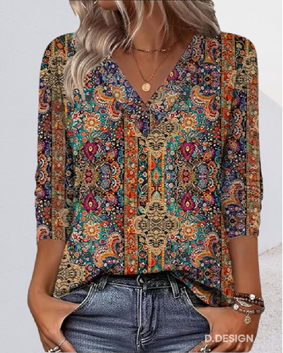 Vintessa™ | Retro Printed V-Neck Blouse