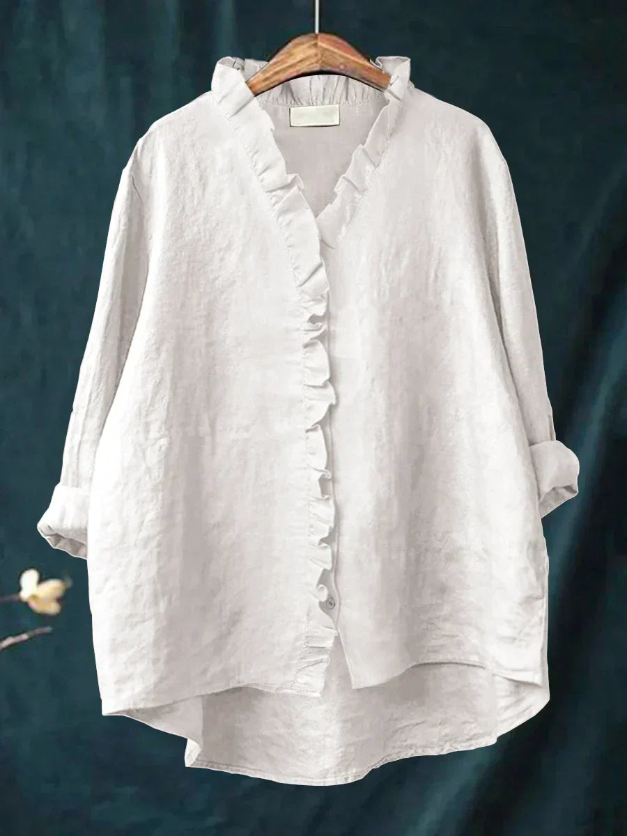 Ella - Casual Cotton And Linen Ruffle Shirt