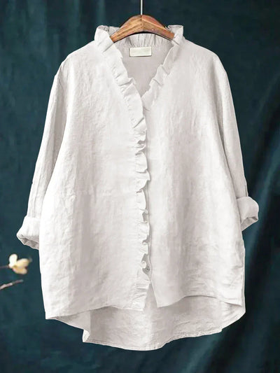 Ella - Casual Cotton And Linen Ruffle Shirt
