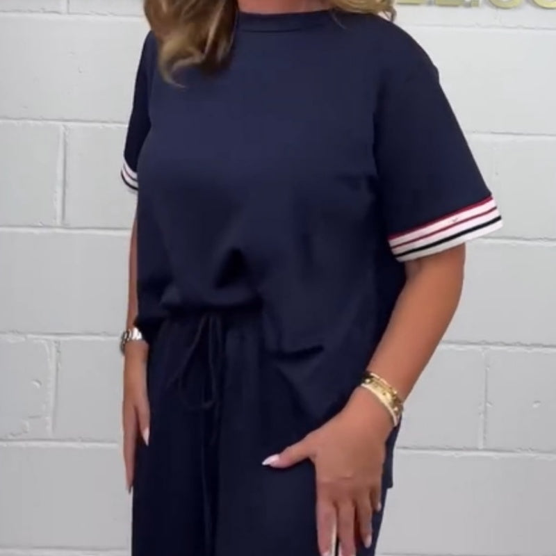 StripeEase™ – Side Stripe Short Sleeve T-Shirt & Wide-Leg Jogger Set