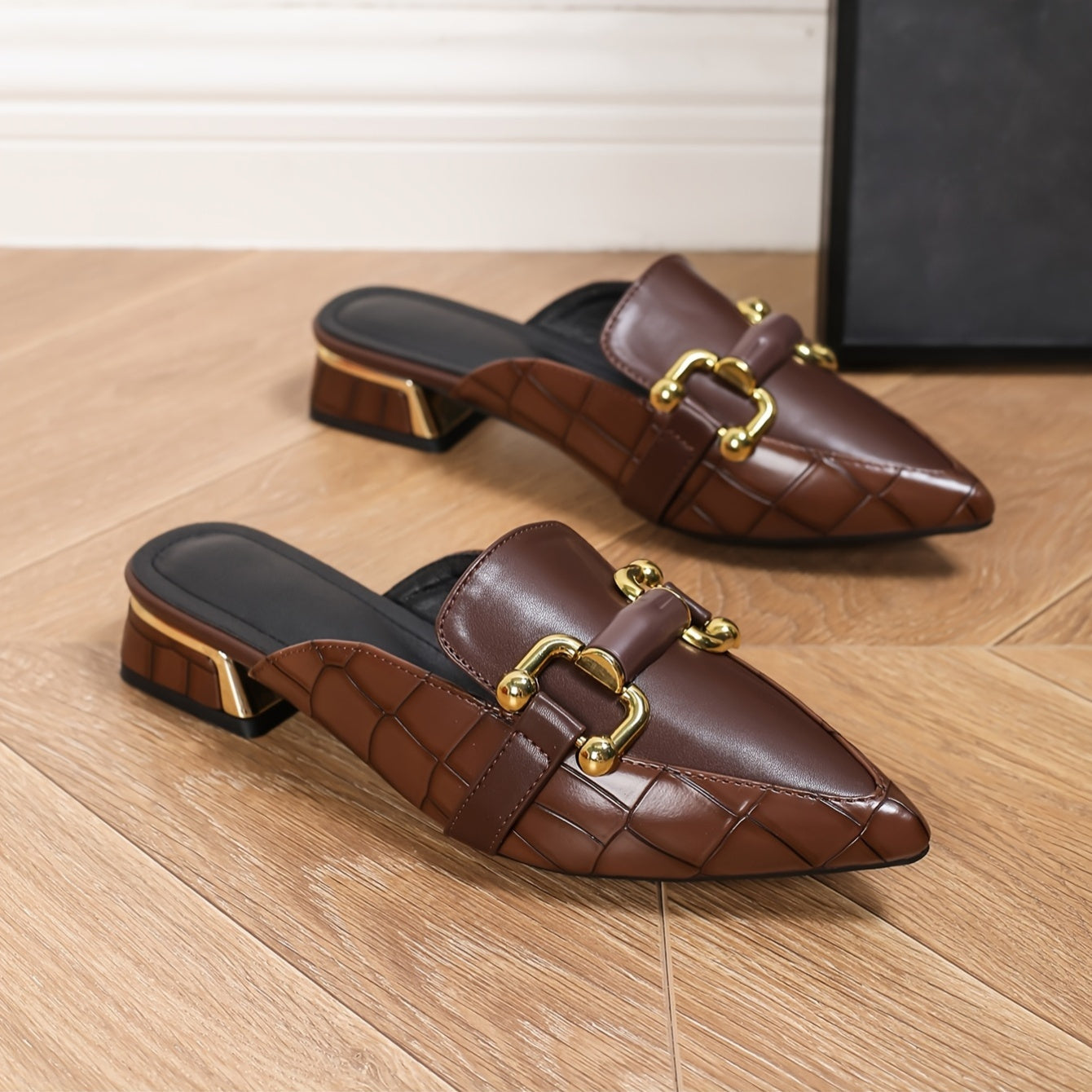 BuckleGrace™ Brown Pointed-Toe Mule Loafers